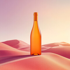A blank matte orange wine bottle standing alone on a pink background