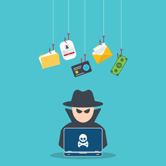 Hacker with laptop computer stealing confidential data, personal information and credit card detail. Hacking concept.	