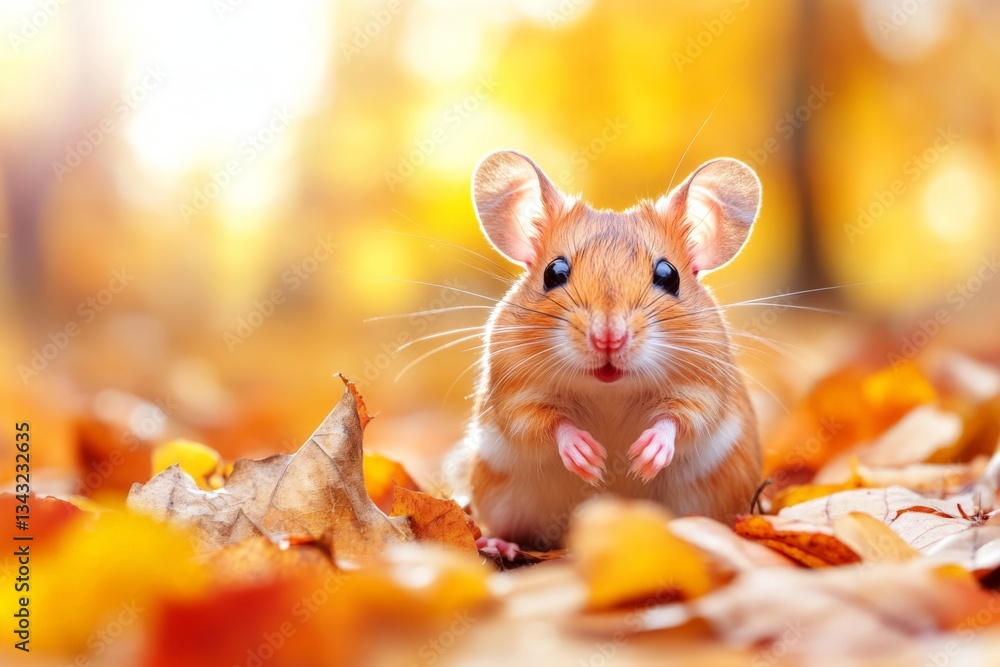 Poster cute mouse exploring a colorful autumn landscape surrounded by fallen leaves in soft sunlight