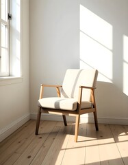 Fototapeta premium Modern Wooden Armchair in Sunlit Minimalist Living Space Interior Design