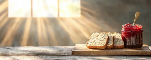 Freshly toasted bread with jam set against a sunlit background, inviting and warm.
