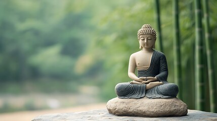 Peaceful Buddha statue in serene bamboo forest setting