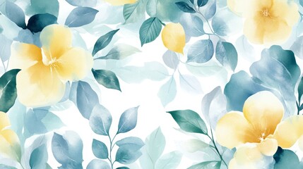 Obraz premium Gentle Teal and Yellow Watercolor Floral Background, Botanical Illustration, Serene Pastel Art Print