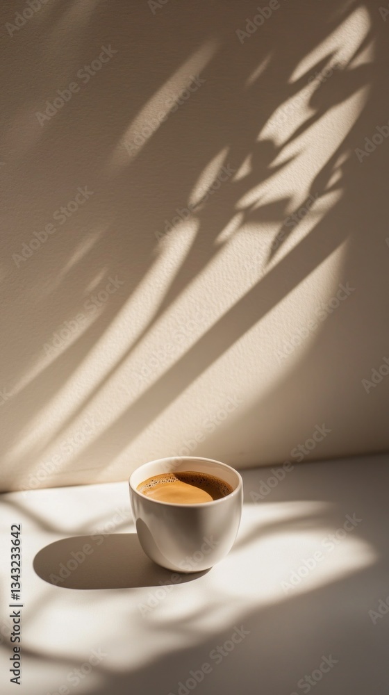 Poster a delicate cup of coffee rests on a surface, embraced by gentle sunlight streaming through nearby le