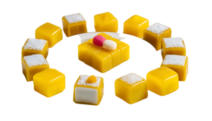The candy is arranged in a circle and cube shaped with yellow frosting.