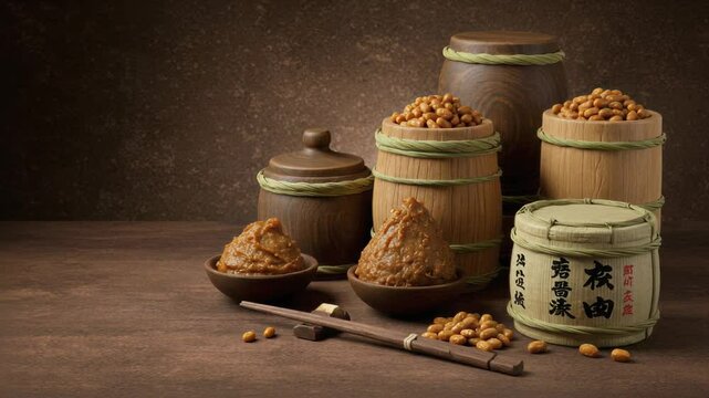 Traditional Japanese miso paste with fermented soybeans and wooden barrels in a rustic setting. Fermented foods, Japanese cuisine, traditional food preservation