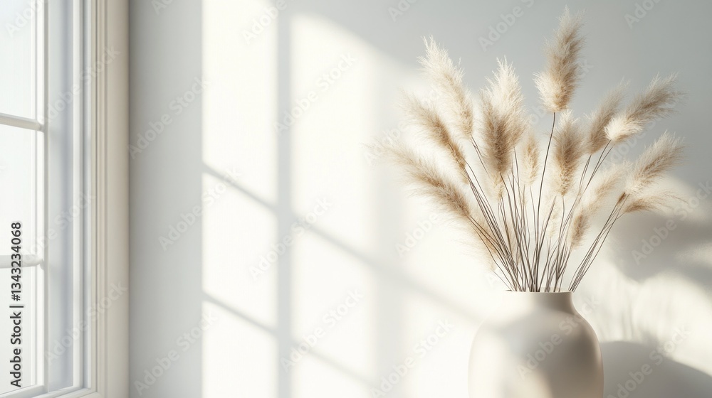 Poster sunlight streams through the window, casting gentle shadows on a wall. a simple vase holds elegant p
