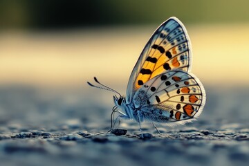 Obraz premium A Colorful Butterfly Resting on a Textured Grey Surface