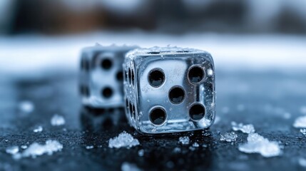 Two clear dice on a snowy surface