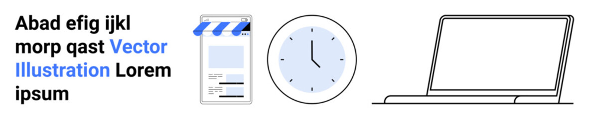 Browser window with a storefront banner, clock, and a laptop outline. Ideal for time management, e-commerce, productivity, remote work, technology, business strategy simple landing page