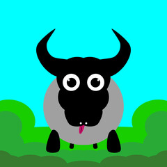 bull with horns run from bush