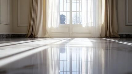 A marble floor with sunlight streaming through a window,