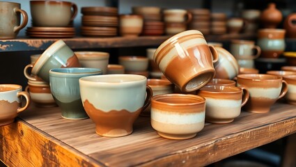 "Closeup of Handmade Ceramic Cups on Display for Sale"