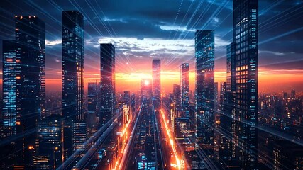 Futuristic city skyline at sunset with glowing data streams and modern architecture - Powered by Adobe