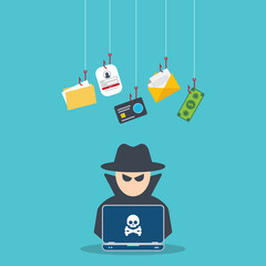 acker with laptop computer stealing confidential data, personal information and credit card detail. Hacking concept.	