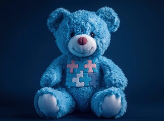 Cute Blue Teddy Bear with Puzzle Pieces on Dark Background