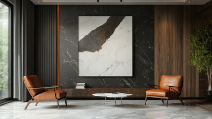 A marble wall with a modern art piece hanging on it,