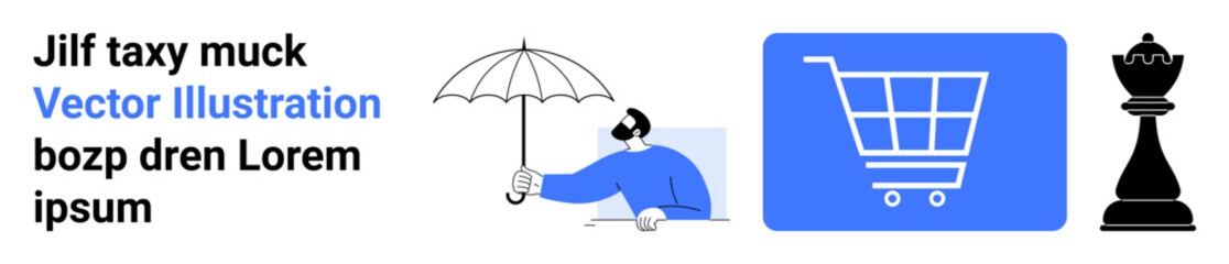 Man holding umbrella, blue shopping cart icon, and black chess piece. Ideal for themes of protection, strategy, planning, e-commerce, decision-making, business concepts simple landing page