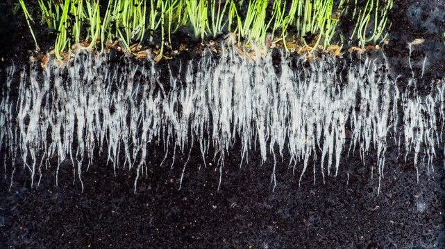 Timelapse of plant root system growth. Underground.