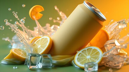 background with splashes of water, slices of lemon, lime, ice cubes. They fly in different directions and float in space. in the middle is a can of soda with lemon lime flavor. The background is green
