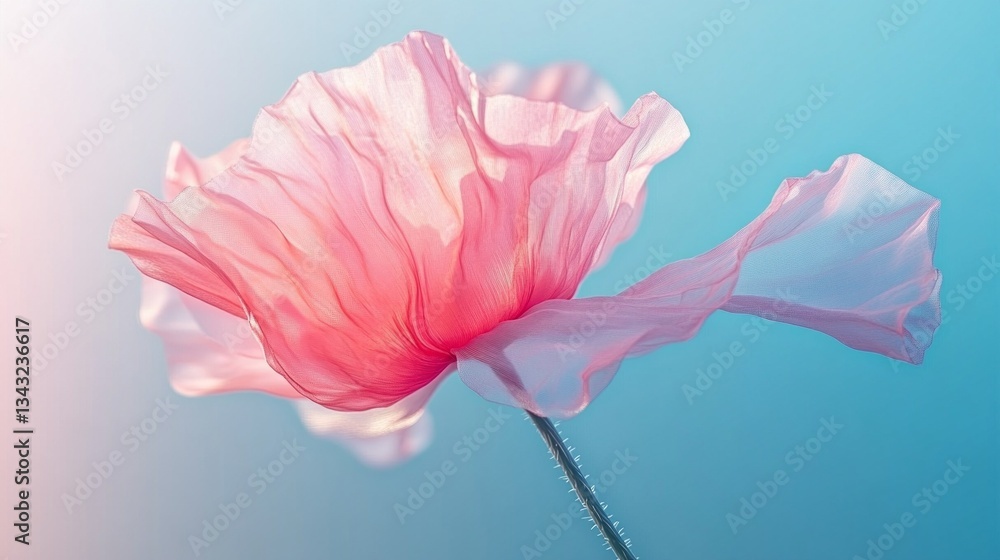 Poster a single soft pink flower dances lightly in a serene atmosphere, illuminated by the early morning li