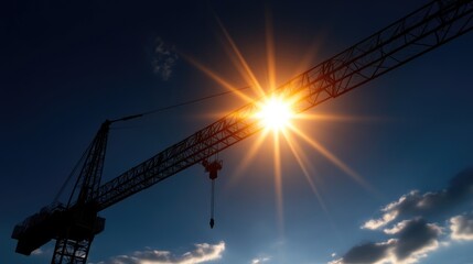 Tower crane against a vibrant sunset. Powerful machinery at work against a dramatic sky