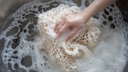 Fototapeta premium A hand washing a woolen blanket in mild soapy water
