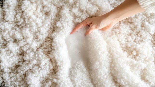 A hand washing a woolen blanket in mild soapy water