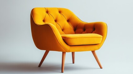 Modern yellow armchair with wooden legs in minimalist setting
