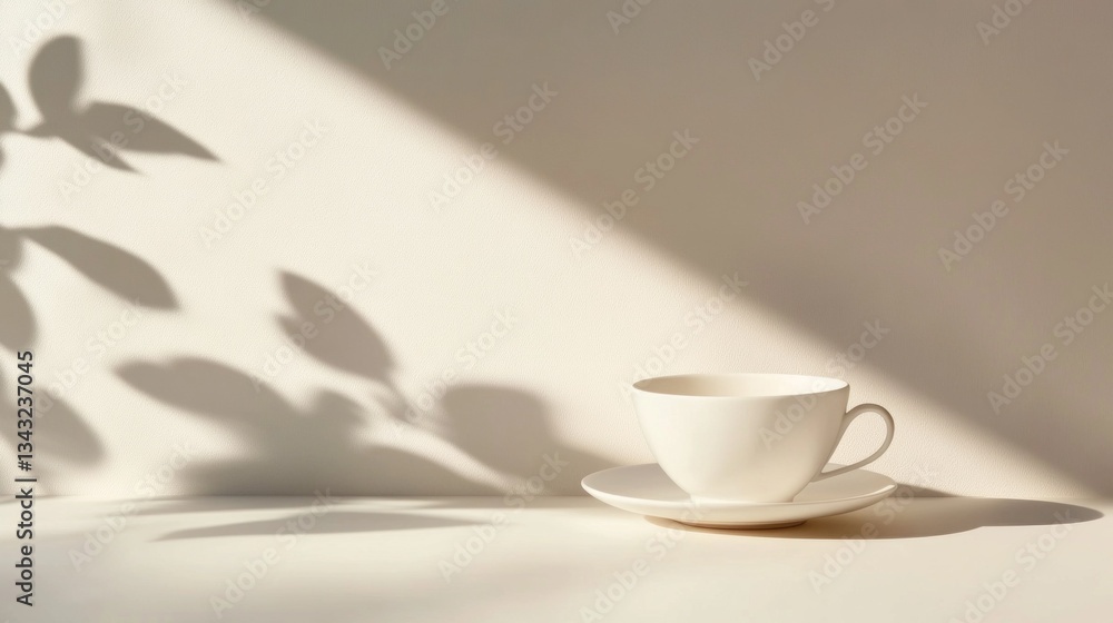 Poster a delicate white cup and saucer sit gracefully on a table, illuminated by soft afternoon light that 