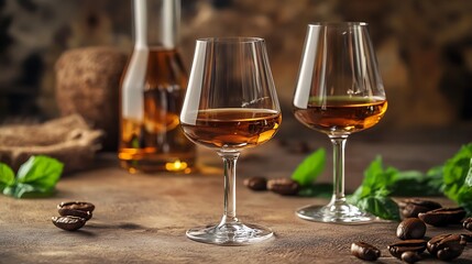 Carajillo of espresso and liqueur in glasses on table web banner
