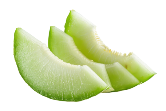 Freshly sliced green melon pieces arranged creatively on a bright background showcasing their juicy texture and vibrant color