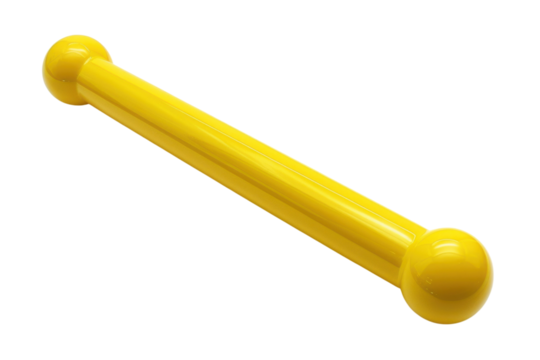A bright yellow exercise bar rests on a clean surface, ready for a workout in a vibrant fitness studio