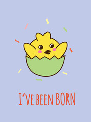 Cute yellow chicken hatched from an egg. Postcard vector illustration on blue background.