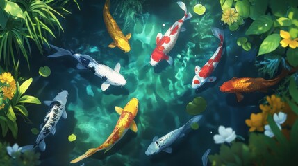 Fototapeta premium Colorful Koi fish swimming in a lush pond.