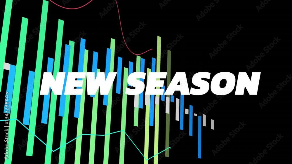 Poster new season text over colorful bar graph and line chart animation