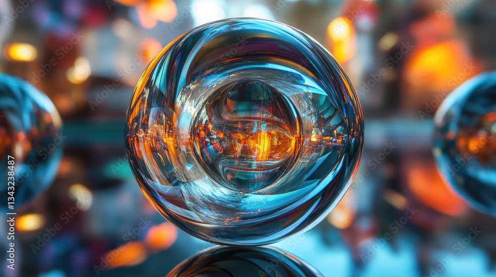 Poster reflective spherical objects display swirling colors and interesting refractions
