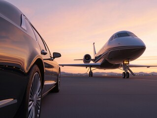 Luxurious car and private jet parked at sunset, showcasing opulence and travel.