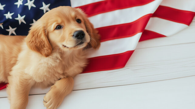 Cute golden retriever puppy with USA flag for Memorial Day tribute