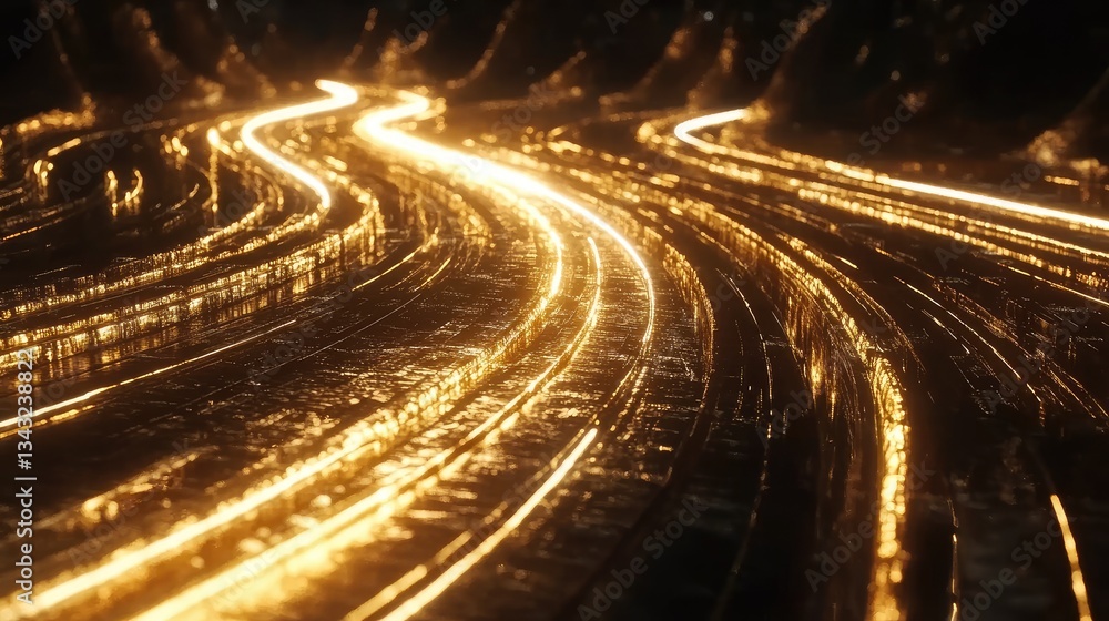 Poster curved golden pathways with bright glowing lights in an abstract setting