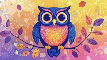 Naklejka premium Cute Owl on Branch, Autumn Colors