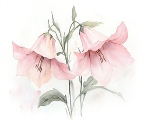 This watercolor artwork showcases blooming bellflowers in pastel hues, perfect for enhancing wedding invitations, greeting cards, and various floral-themed designs