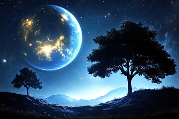 An Enchanting Nightscape  Silhouetted Trees Under the Radiant Glow of the Celestial Globe
