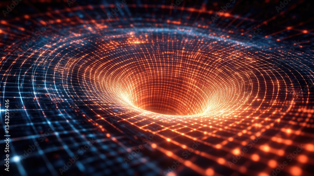 Poster a glowing digital vortex with interconnected lines and dots