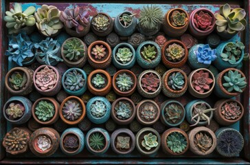 Fototapeta premium A collection of uniquely shaped succulents in detailed ceramic pots, their vivid leaves contrasting beautifully with the blurred background.
