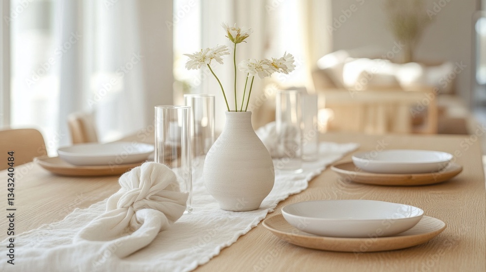 Poster a beautifully set dining table features a minimalist vase filled with delicate flowers, alongside el