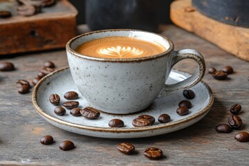 A cozy coffee cup rests on a rustic saucer with a beautiful latte art design. Coffee beans are scattered around, creating a warm inviting atmosphere perfect for enjoying a cup of coffee