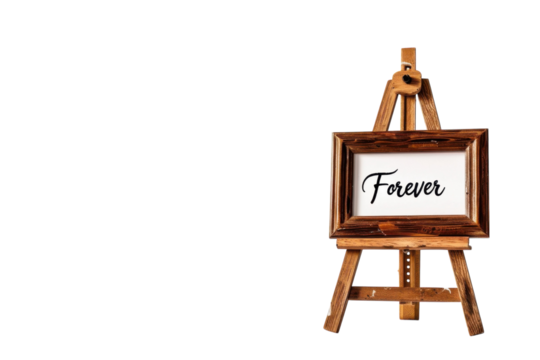 A wooden easel displays a beautifully framed quote 'Forever' against a pristine white background, capturing the essence of timeless love