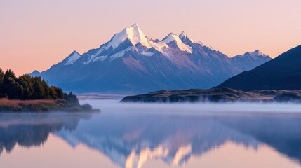 Morning Reflection of a Mountain Lake with Snowy Peaks