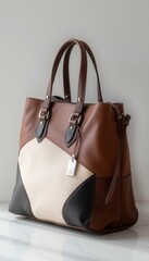  Multicolored leather handbag with patchwork design and detachable shoulder strap
